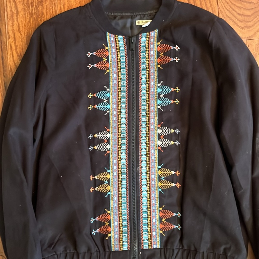Ruff Hewn Black Zip-Up Sweater with Colorful Embroidery
